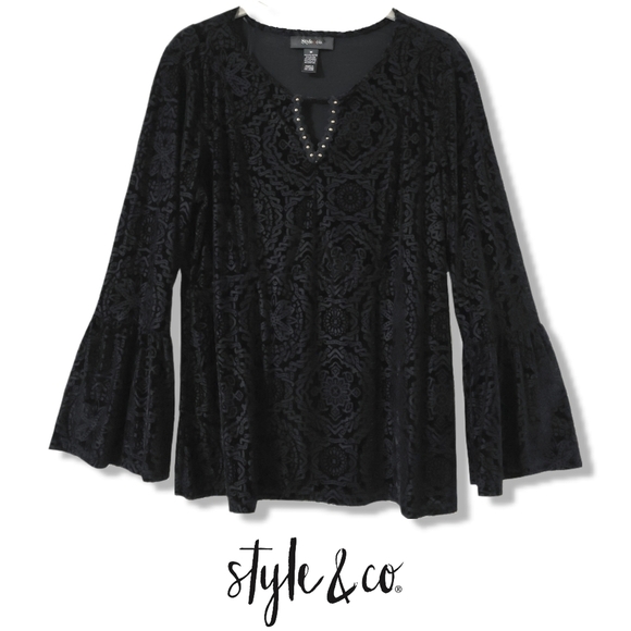 STYLE & CO Black Velvet Burnout Long Sleeve, Bell Sleeves, Witchy Whimsigoth, M - Picture 1 of 16